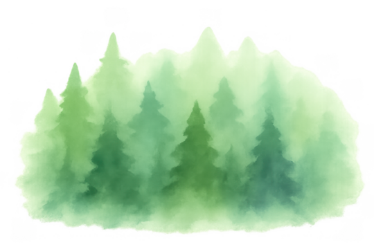Watercolor forest landscape showing pine trees and mountains in a misty, green environment with a transparent background