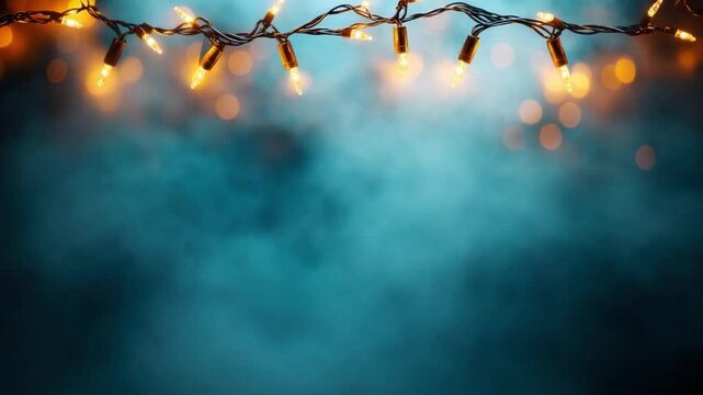 Golden Lights in the Mist: A string of twinkling fairy lights casts a warm glow, dancing above a soft, ethereal background, evoking a sense of festive cheer and intimate celebration.