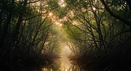 Mystical Forest River - Sunlight Piercing Through Canopy.