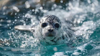 Obraz premium Playful harbor seal pup surfacing, water droplets sparkling around its whiskered face, turquoise water with soft sunlight reflections