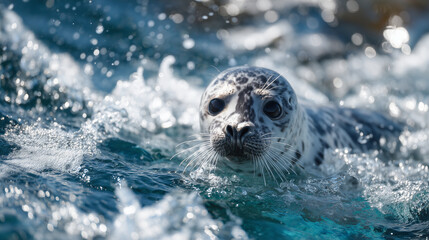 Obraz premium Playful harbor seal pup surfacing, water droplets sparkling around its whiskered face, turquoise water with soft sunlight reflections