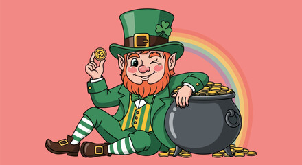 A cartoon leprechaun, with a red beard, winks and holds a coin, pot of gold, rainbow