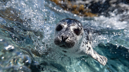 Obraz premium Tight close-up of a seal pupâs face and flippers as it glides through crystal-clear water, ripples and sunlight creating sparkling textures around it