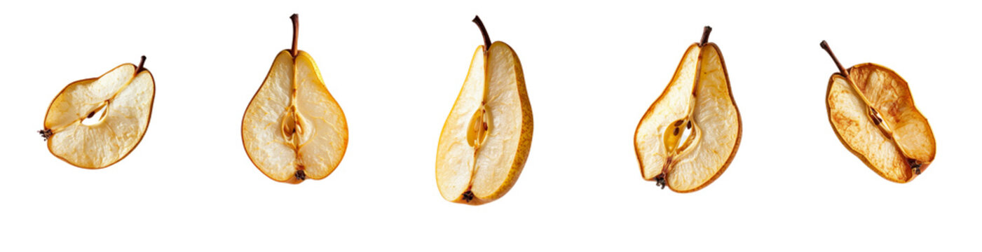 Dried pear slices falling, dehydrated fruit halves providing a healthy snack, natural food ingredient on transparent background