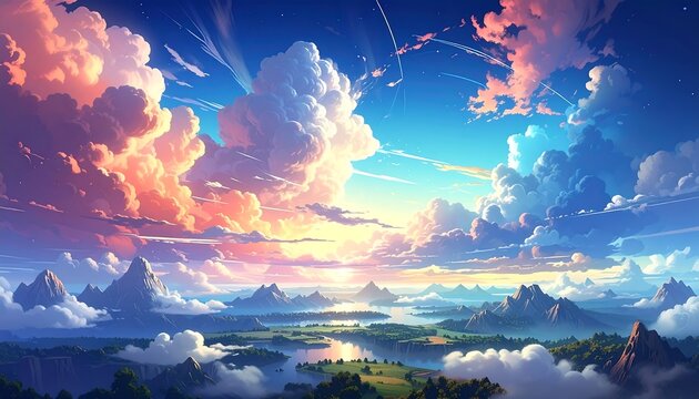 Dreamy anime-style landscape with a vibrant sky filled with fluffy clouds, mountains, and a wide valley with bodies of water