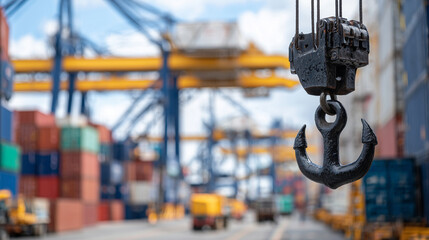 Macro view of a crane hook with steel texture, colorful containers blurred behind, sunlight reflecting off metal surfaces in a bustling daytime port