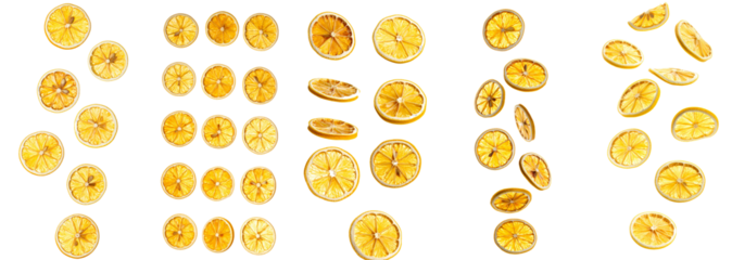 Dried lemon slices falling on transparent background, symbolizing zest, freshness, and natural flavor for food and drink concepts