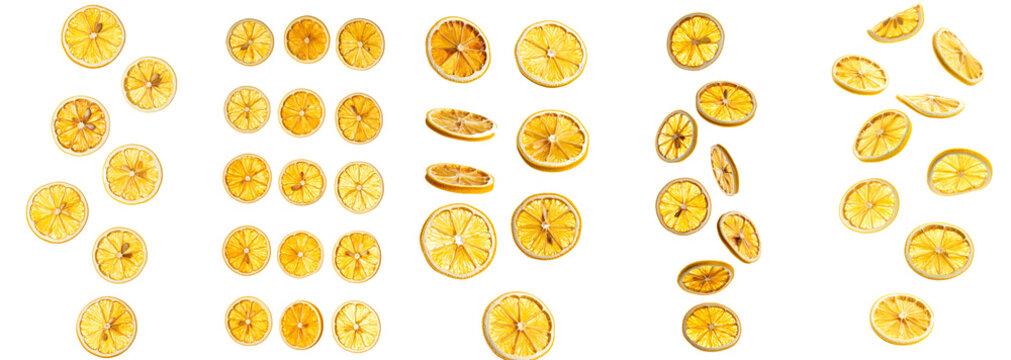 Dried lemon slices falling on transparent background, symbolizing zest, freshness, and natural flavor for food and drink concepts