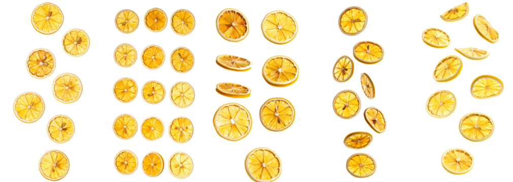 Dried lemon slices falling on transparent background, symbolizing zest, freshness, and natural flavor for food and drink concepts