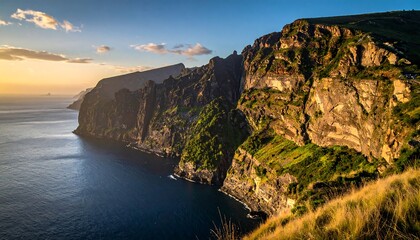 Dramatic landscape of coastal cliffs meeting the ocean under a golden sunset. The rocky terrain is covered with patches of greenery. The scene is bathed in warm light