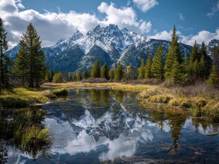 Lush Forest Mountain Reflection in Calm Lake Blue Sky Clouds Grand Teton National Park