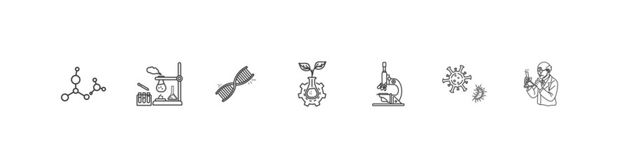 Biotechnology illustration icon set includes science, laboratory, DNA, biotechnology, research, organism, scientist with unique thickness lines and white background