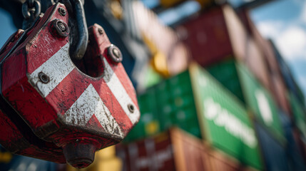 Macro shot of crane hook gripping container corner, vibrant red and green containers stacked behind, sunlight highlighting textures of steel and paint