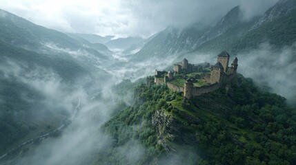 Dramatic aerial view of a medieval fortress partially hidden by mist in a lush valley.