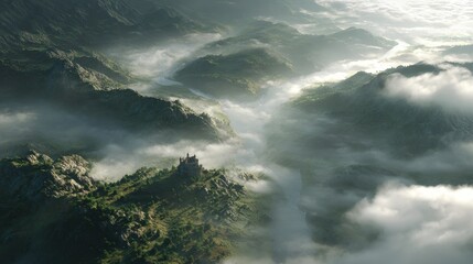 Fototapeta premium Majestic aerial view of a fortress nestled in a vast, foggy valley.
