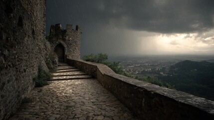 Dramatic Storm Clouds and Rain Shafts Over a Medieval Castle Wall