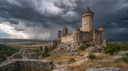 Dramatic Medieval Castle on Hilltop Under Foreboding Stormy Sky with Rain