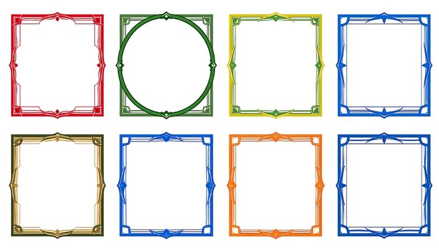Eight colorful geometric frames in varying shapes - squares, circles - with ornate corner and edge designs, each frame distinct