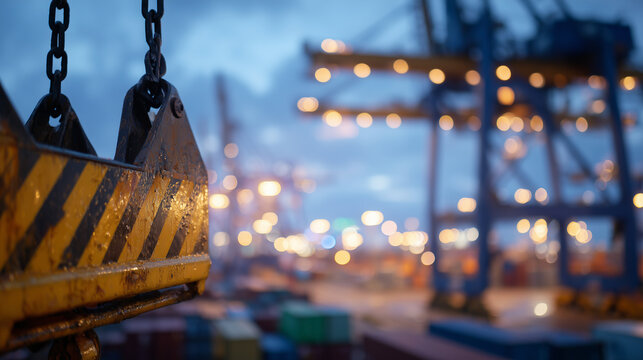 Close-up of container corner gripped by gantry crane hook, warm evening light reflecting off container paint, port terminal activity forming soft bokeh background