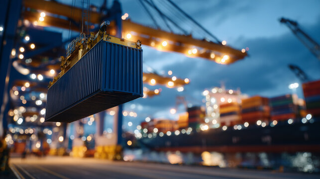 Low-angle cinematic shot of a large container lifted by gantry crane, evening light creating contrast and depth, blurred industrial port in the background