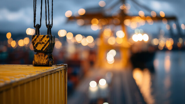 Close-up of container corner gripped by gantry crane hook, warm evening light reflecting off container paint, port terminal activity forming soft bokeh background
