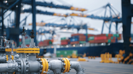 Detailed view of interconnected gas pipelines at a busy port, valves and flanges highlighted, cranes and container stacks softly blurred behind