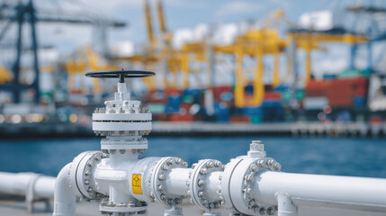 Detailed view of interconnected gas pipelines at a busy port, valves and flanges highlighted, cranes and container stacks softly blurred behind