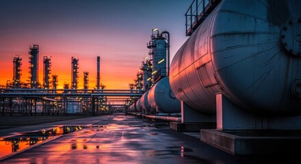 Industrial refinery at sunset with vibrant sky reflections on wet pavement