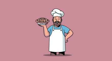 A smiling baker wearing a chef hat, apron, holding a pie on a plate, on a pink background