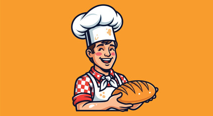 A happy baker in chef hat and apron smiles while holding freshly baked bread