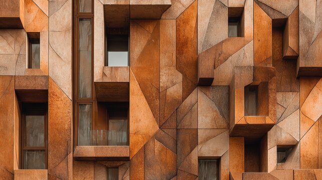 Modern Abstract Architectural Facade with Geometric Terracotta Panels and Windows