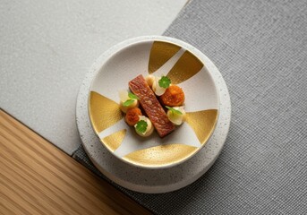 Overhead shot of gourmet dish with meat, vegetables, and gold accents on plate