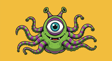 A cartoon cyclops alien with tentacles and a friendly grin on a yellow background