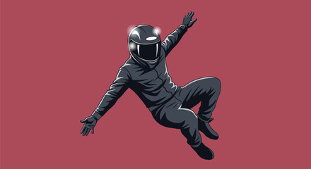 A racer in a black suit and helmet, poised mid-air against a red background