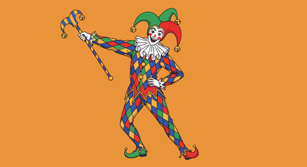 A smiling jester in colorful diamond-patterned clothing holds a scepter on orange background