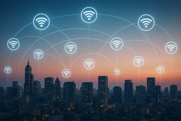 Modern city with wireless network connection concept Smart city and communication technology background