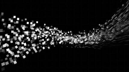 Glowing white squares form a dynamic, flowing wave against a solid black background