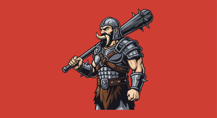 Obraz premium A muscular warrior in armor holds a spiked club, posing against a red background