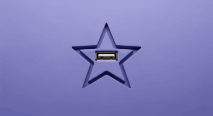 A USB port embedded within a star-shaped cutout on a purple surface