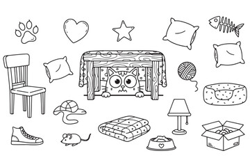 Obraz premium A charming collection of catthemed items, including a cat hiding under a table, isolated on white background vector line art illustration