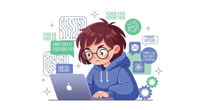 Cartoon illustration of a young boy with glasses working on a laptop surrounded by coding symbols and graphics on a white background with a playful and educational mood.