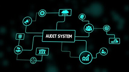 A digital audit system interface with glowing network icons presenting structured compliance, assessment, verification, and operational oversight in a futuristic layout.