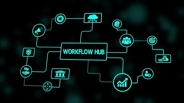 A workflow hub platform illustrated with luminous interconnected symbols visualizing centralized task routing, operational alignment, and digital process coordination.