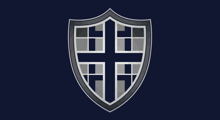 A crest with a cross design inside a shield, all in grayscale tones, set against a dark blue background