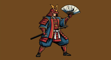 A stylized Japanese warrior, katana & fan in hand, stands confidently