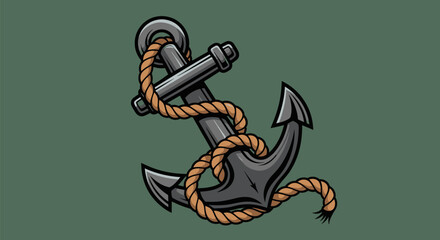 A detailed cartoon illustration of a metal anchor with a rope around it