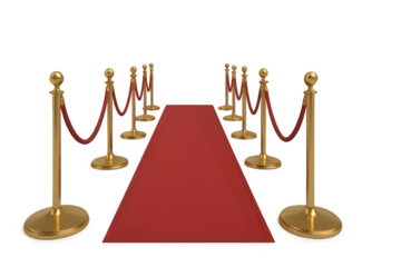 Elegant red carpet entrance with gold stanchions for a special event or awards ceremony arrival on transparent background