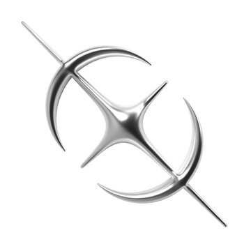 Futuristic Y2K 3D chrome metallic shape with star and dual crescents