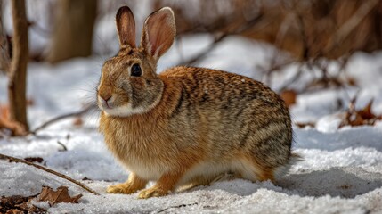 Naklejka premium Alert wild rabbit sitting in white winter snow, with raised ears and bright eyes, watching the quiet surroundings. Small wild animal in cold snowy nature habitat and peaceful outdoor scene