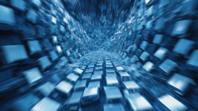 Blue abstract tunnel composed of shining geometric shapes accelerates toward a bright center - Powered by Adobe